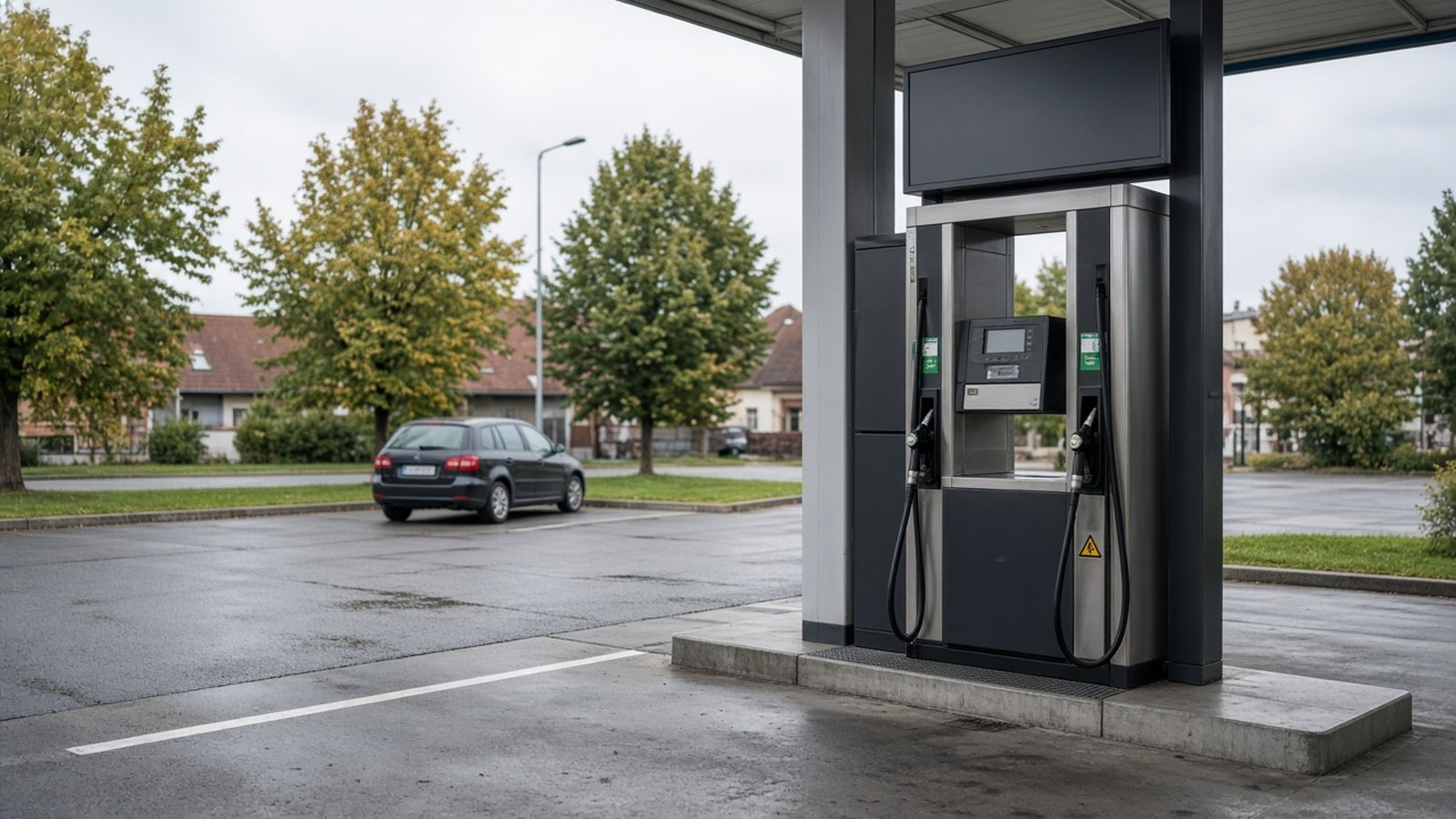 Stojan na čerpacej stanici so svetelnou tabuľou cien benzínu a nafty, v pozadí osobné auto