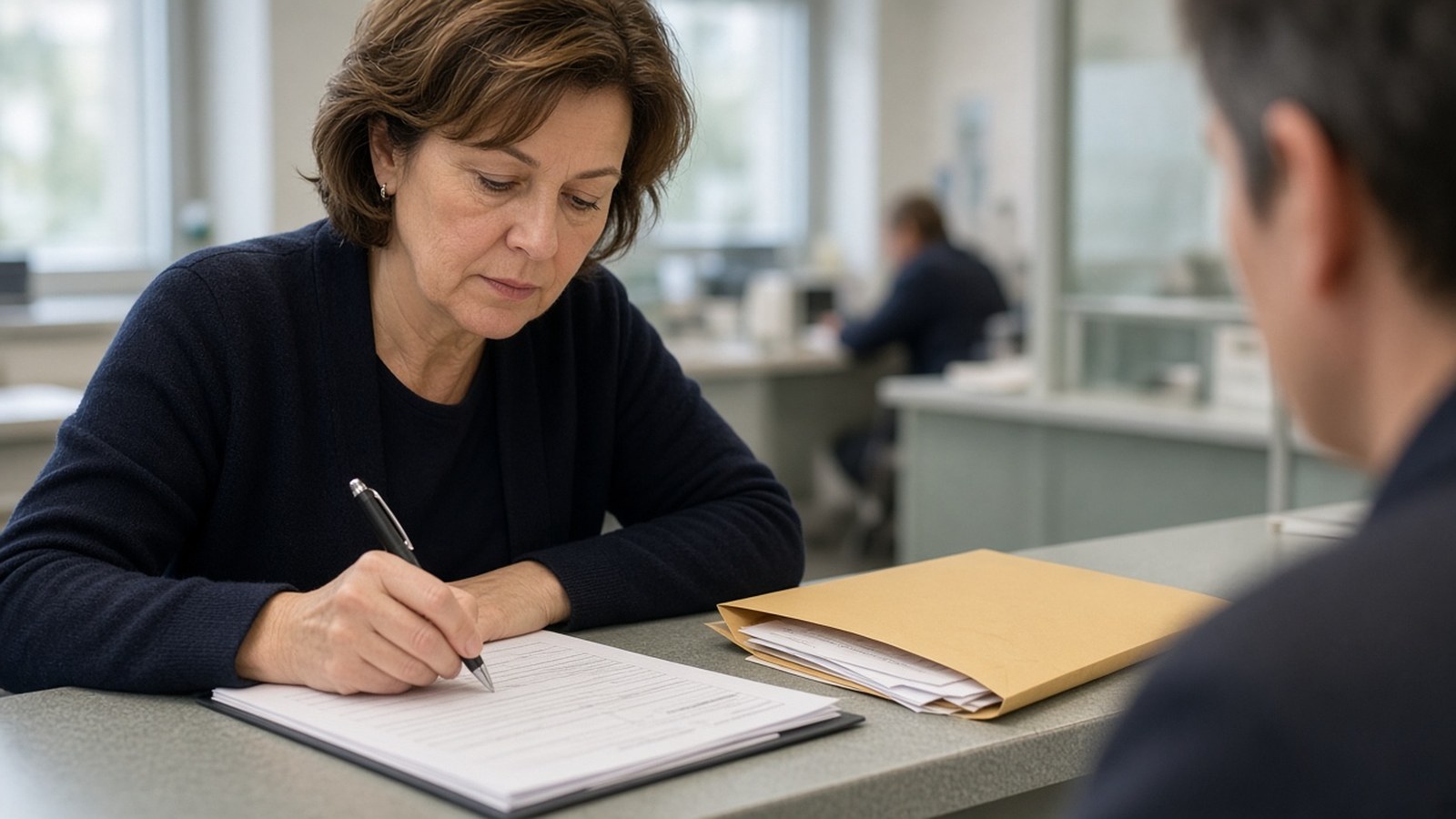 Žena v strednom veku vypĺňa tlačivo pri priehradke úradu, vedľa nej leží obálka s dokladmi